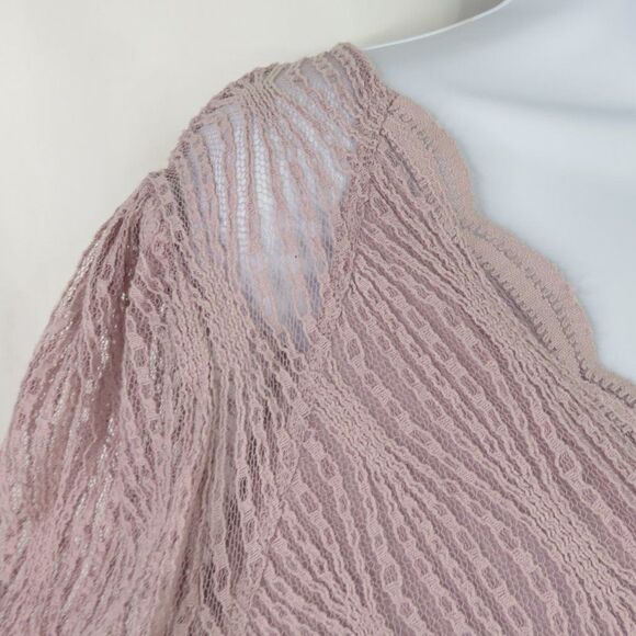 Free People Pink Lace Top Size Medium Peasant Crop Ribbon Tie Sheer Empire LS - Picture 7 of 13